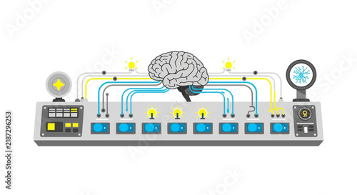 Brain connected to electronic control panel vector illustration symbolizing AI and cognitive processing.