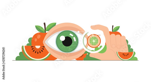 Eye Health and Nutrition Concept Illustration with Fruit and Vision Examination Lens