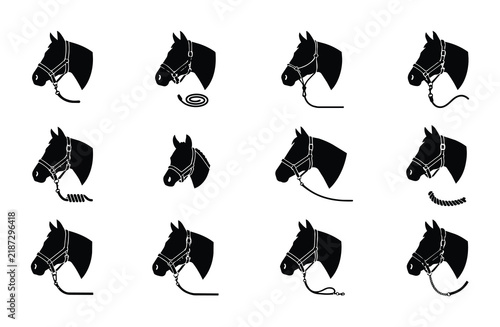 Horse Head Halter Styles Vector Set: Equestrian Gear, Bridle Variations, Animal Tack Collection, Livestock Equipment Icons