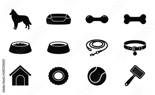 Dog Accessories Vector Icons Set: Pet Care Essentials, Canine Supplies, Animal Grooming Tools, Training Gear, Playtime Items, Comfort Beds, Food Bowls, Leashes, Collars, Houses, and Toys