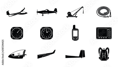 Aviation Icons Set: Glider, Propeller Plane, Tow Truck, Rope, Altimeter, GPS Device, Backpack, Aircraft Parts, Vector Graphics for Aviation Industry