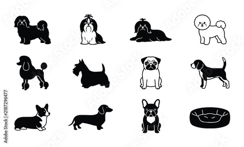 Diverse Dog Breed Silhouettes Collection, 12 Vector Icons for Pet Lovers, Canine Companionship Graphics