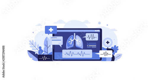 Digital Health Medical Tablet Illustration with Human Lung Anatomy and Heartbeat Monitor