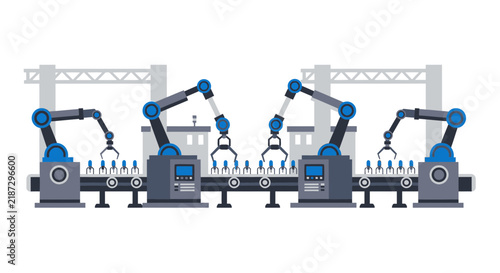 Automated Industrial Production Line with Robotic Arms and Conveyor Belt Illustration