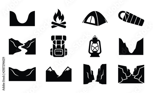 Outdoor Adventure Icons Set: Camping, Hiking, and Nature Landscapes, Vector Graphics for Travel and Recreation