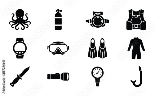 Scuba Diving Equipment Icons Set, Underwater Adventure Gear Collection, Marine Life Symbols, Vector Graphics for Ocean Exploration