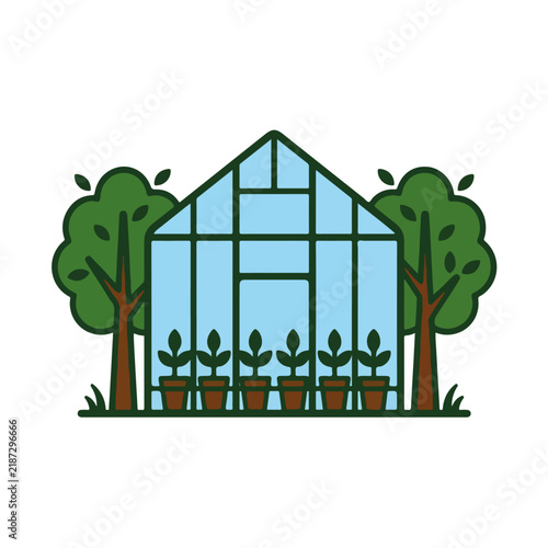 Greenhouse with Potted Plants and Trees Illustration