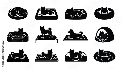 Dog Bed Icons Set, Pet Furniture Collection, Canine Comfort Silhouettes, Vector Graphics for Animal Care and Pet Shop Branding