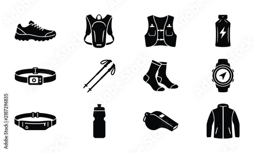 Running Gear Icons, Trail Running Equipment Set, Sports Accessories Collection, Outdoor Fitness Vector Graphics