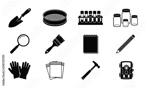 Scientific Research Tools Vector Icons, Laboratory Equipment Set, Geology Exploration Symbols, Science Experiment Objects, Black and White Graphic Elements