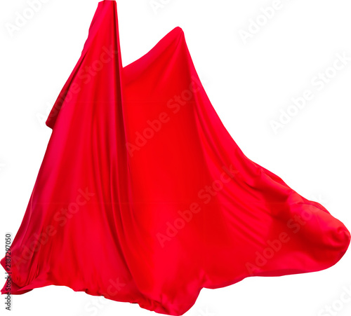 Foto Large piece of red silk fabric floating with flowing cloth satin textile red mat