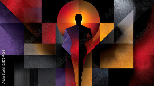 Striking abstract geometric background highlights centered human silhouette, glowing brightly with powerful light. art composition portrays determination, future vision, and hope, standing firm