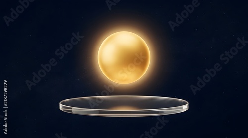 Glowing golden sphere floating above clear disc on dark background, light wallpaper backgrond