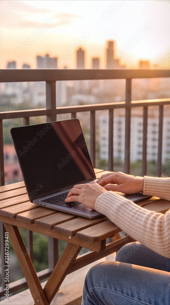 Fototapeta premium Laptop user working on balcony during sunset with city skyline background. Remote work and digital nomad lifestyle concept.