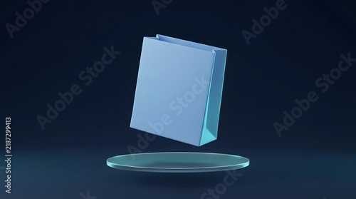 Light blue paper shopping bag levitating above a clear glass disc on a dark wallpaper backgrond