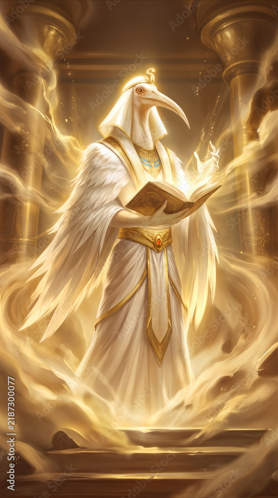 Obraz premium Ibis headed deity Thoth holding glowing book in ancient temple. Egyptian mythology concept with anthropomorphic god in white robes and wings.