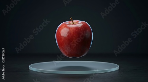 Shiny red apple floating above a clear glass disc on a dark background, fruit wallpaper backgrond