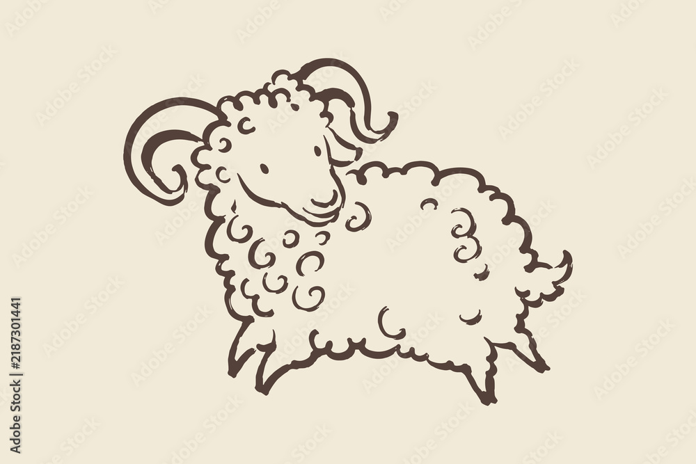 Obraz premium Ram with Curled Horns Hand Drawn Sketch Illustration