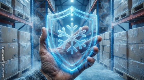 Cold chain storage logistics warehouse with refrigerated transport concept showing frozen protection in hand