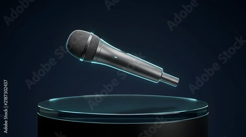 Silver microphone levitating above a black cylindrical platform on a dark blue wallpaper backgrond