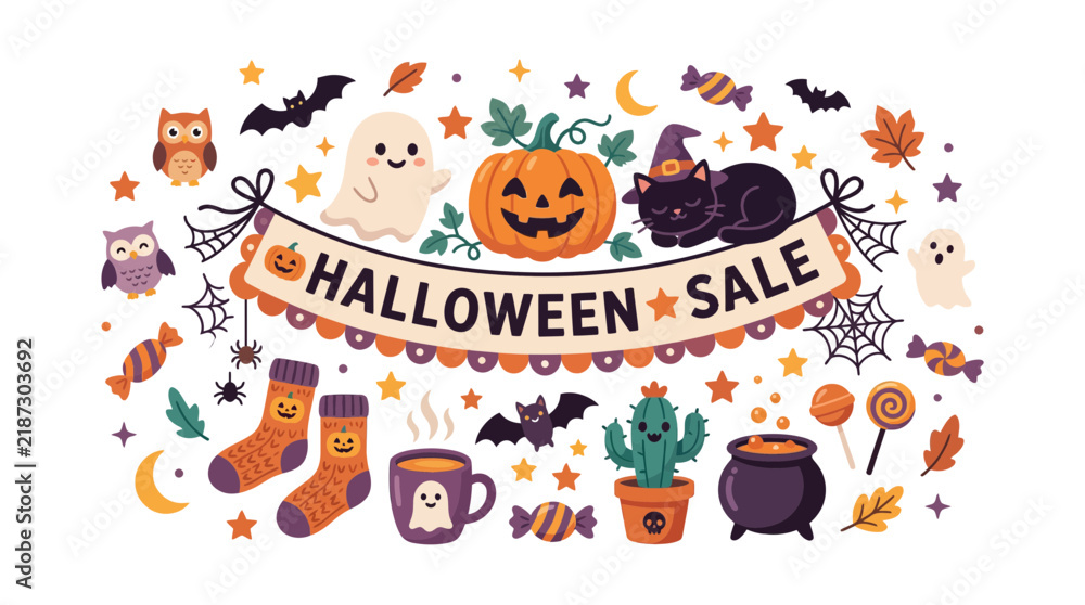 Fototapeta premium Halloween sale banner with festive spooky decorations.