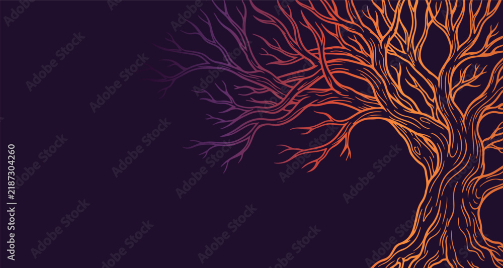 Fototapeta premium neon orange and pink fine tree branch corner frame line art, glowing delicate botanical illustration, dark background branching graphic, luminous slender branch pattern, glowing minimalist nature elem