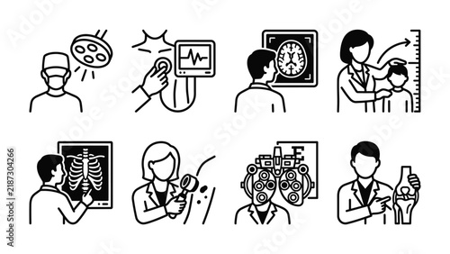 Medical Icons Collection: A comprehensive set of line art icons illustrating various medical procedures and professions, including surgery, diagnosis, patient care, and specialized examinations.