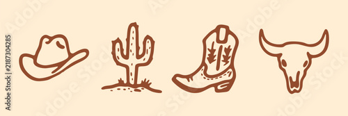 Western Cowboy Theme Hand Drawn Doodle Icon Set. Western Lifestyle And Cowboy Culture Sketch Symbol Collection. Ranch Decor And Rodeo Promotions. Isolated Vector Illustration