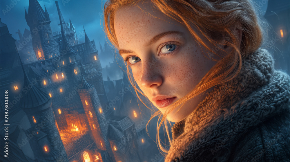 Fototapeta premium Redheaded woman with freckles looking at camera against backdrop of medieval fantasy castle at dusk. Cinematic portrait of female character in mystical setting.