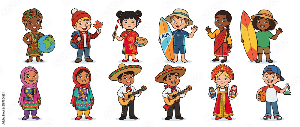 Fototapeta premium Diverse children in traditional cultural clothing, isolated