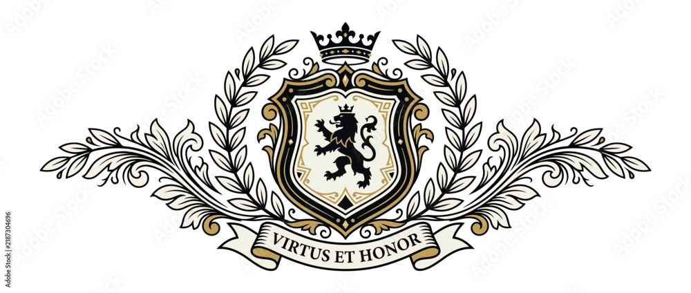Fototapeta premium Ornate Heraldic Emblem with Lion and Laurel Wreath