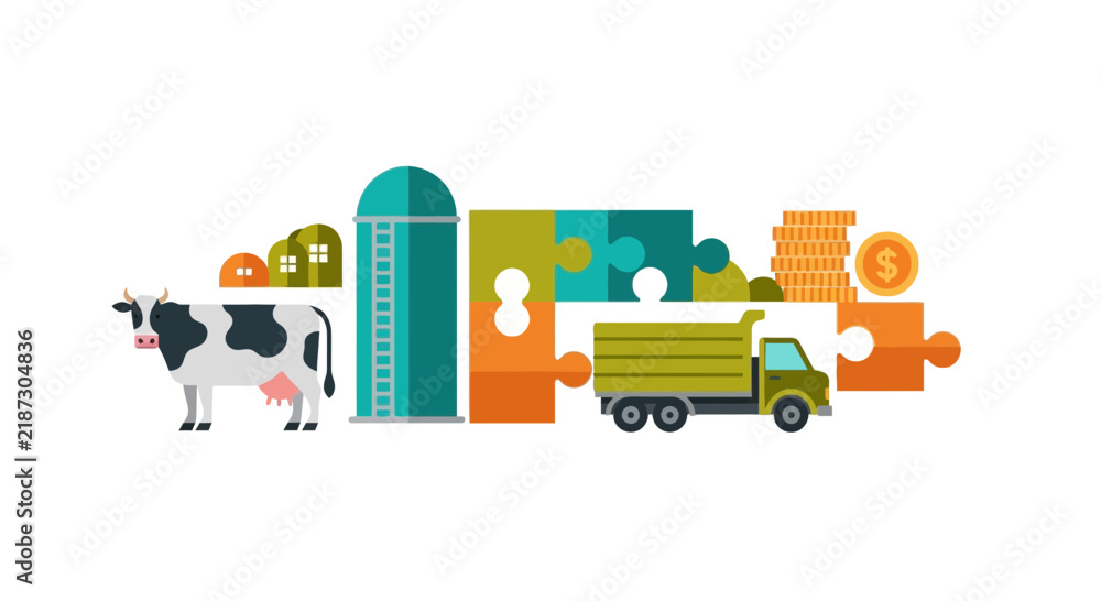 Fototapeta premium Agricultural Business Integration Infographic with Cow Silo Truck and Money