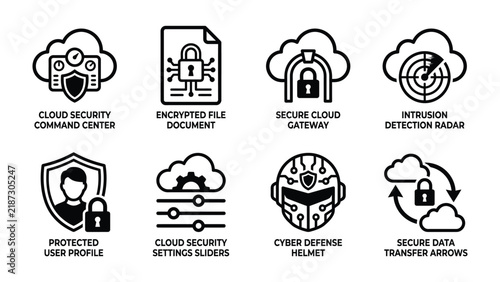 Cybersecurity Icons Collection: A set of vector graphic icons representing various aspects of cybersecurity, including cloud security, encrypted files, user protection, and data transfer.