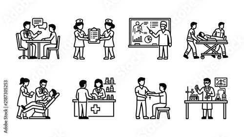 Medical Icons Set: A collection of line art icons depicting various healthcare scenarios, including patient consultation, doctor's appointment, medical training, and laboratory work.