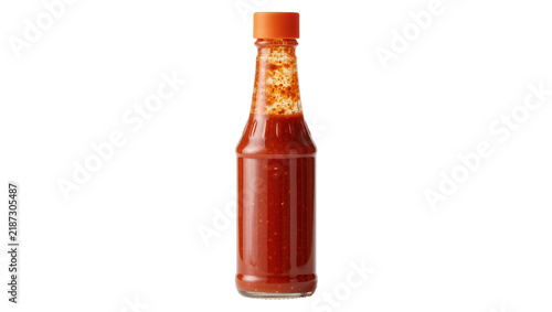 Fotografie Glass bottle of red hot sauce with orange cap, isolated on transparent backgroun