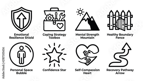 Mental Wellness Icons Collection: A set of eight stylized line icons representing various aspects of mental wellness, including emotional resilience, coping strategies, mental strength.