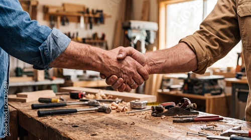 Two carpenters shaking hands over a wooden workbench in a workshop