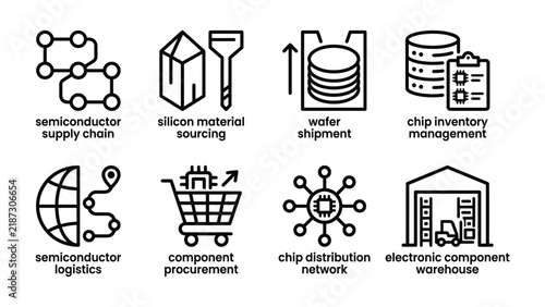 Semiconductor Industry Icons: A collection of clean line-art icons illustrating various aspects of the semiconductor industry, including supply chain, logistics, manufacturing, and distribution.