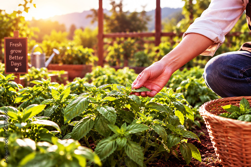 Person harvesting fresh green basil leaves in a sunny garden