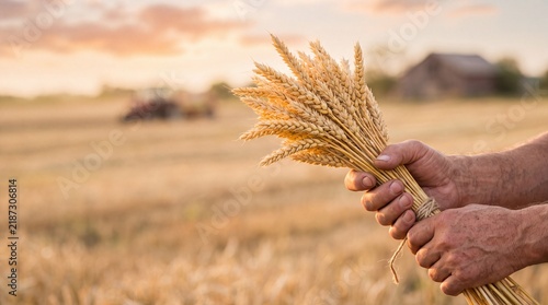 Farmer hands holding golden wheat sheaf in field at sunset