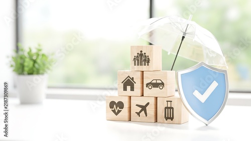 Home insurance and property protection concept with secure shield and household icons