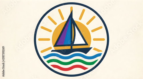 Sailboat icon with sun and sea waves in a circle illustration