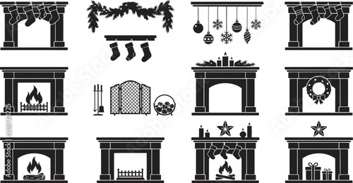 Black silhouettes of fireplaces stockings and holiday ornaments on a white background