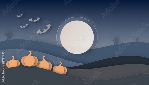 Papercut Style Halloween Night Landscape with Full Moon, Flying Bats, and Pumpkins