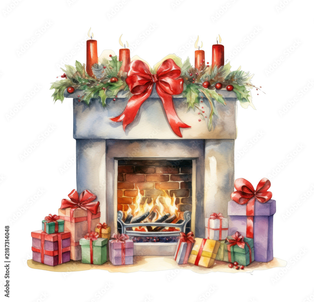 Obraz premium PNG Festive fireplace with gifts