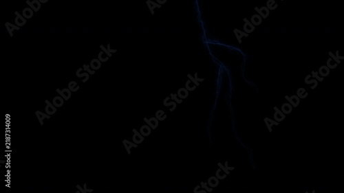 Realistic blue lightning bolt flashing and striking isolated on black background for cinematic overlay