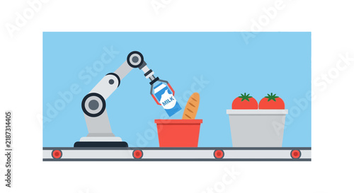 Automated Robotic Arm Packing Groceries on Conveyor Belt. Flat Vector of Industrial Food Logistics.