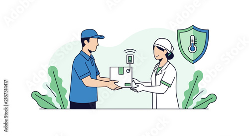 Medical cold chain logistics vector of courier delivering temperature-monitored package