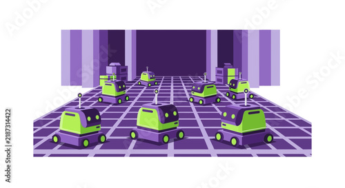 Automated Delivery Robots in Smart Warehouse with Grid Floor Illustration