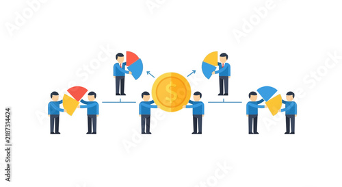 Business People Sharing Profit and Revenue Distribution Illustration with Dollar Coin and Pie Charts